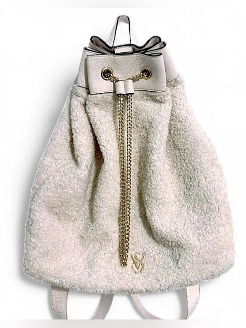Victoria's Secret Ivory Sherpa Drawstring Backpack with Gold Accents